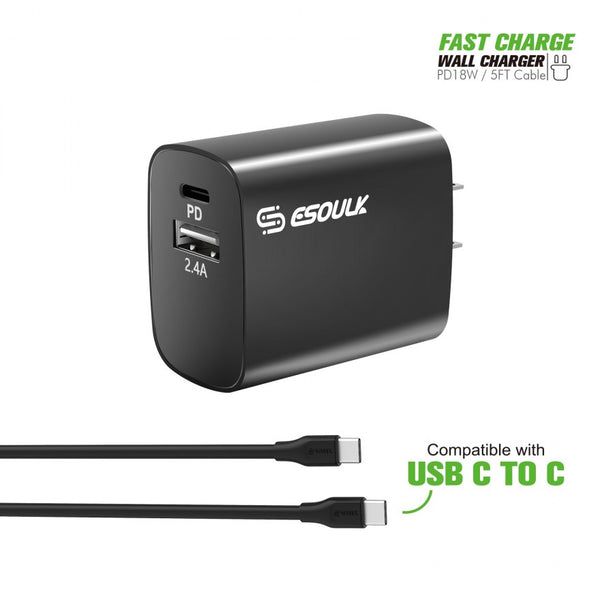 ESOULK 18W Wall Charger PD & USB-A With 5ft C To C Cable