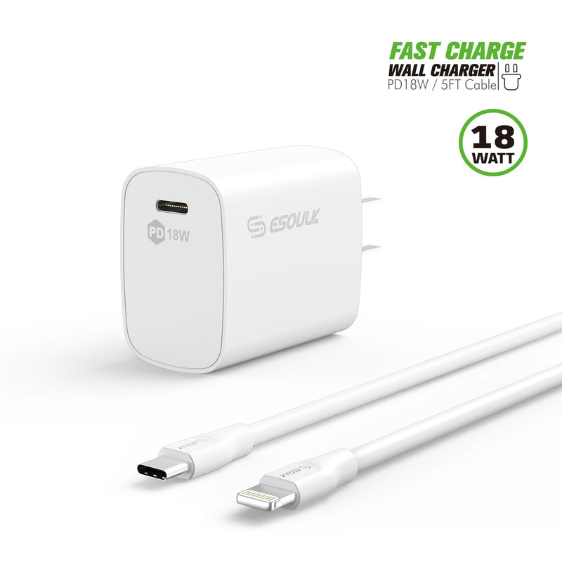 ESOULK 18W PD Fast Charger Wall & 5FT C To 8Pin Cable For IPhone