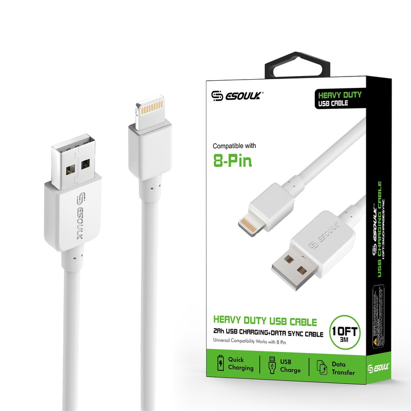 ESOULK 10FT Heavy Duty USB Cable 2A For IPhone White