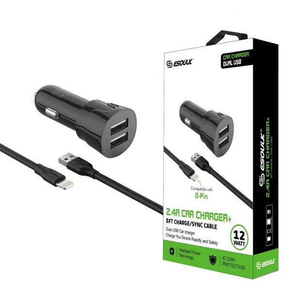 ESOULK 12W 2.4A Dual USB Travel Car Charger With 5FT Charging Cable For IPhone