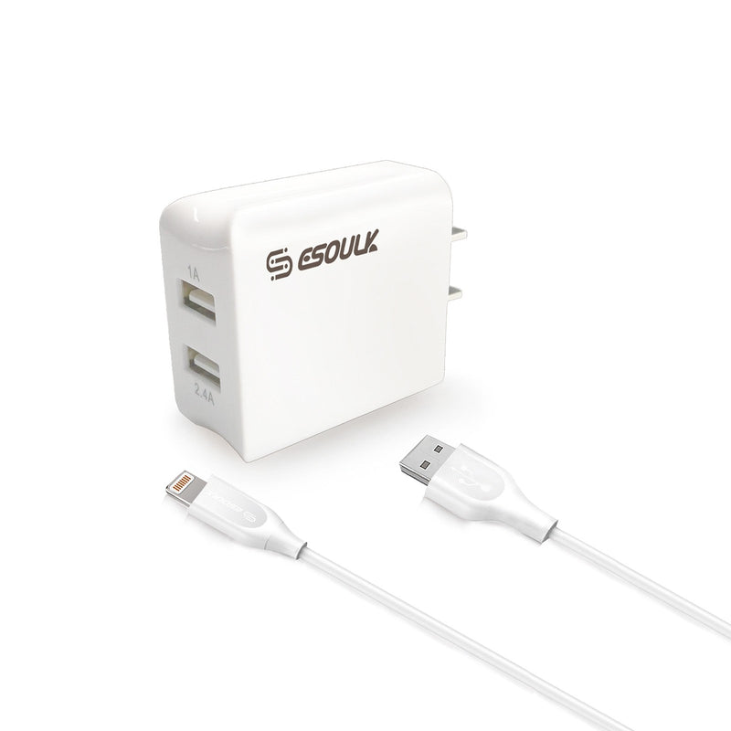 ESOULK 12W 2.4A Dual USB Travel Wall Charger With 5FT Charging Cable For IPhone
