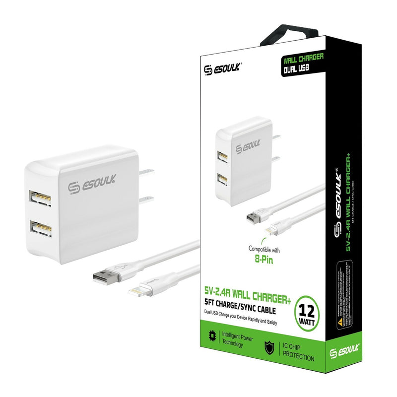 ESOULK 12W 2.4A Dual USB Travel Wall Charger With 5FT Charging Cable For IPhone