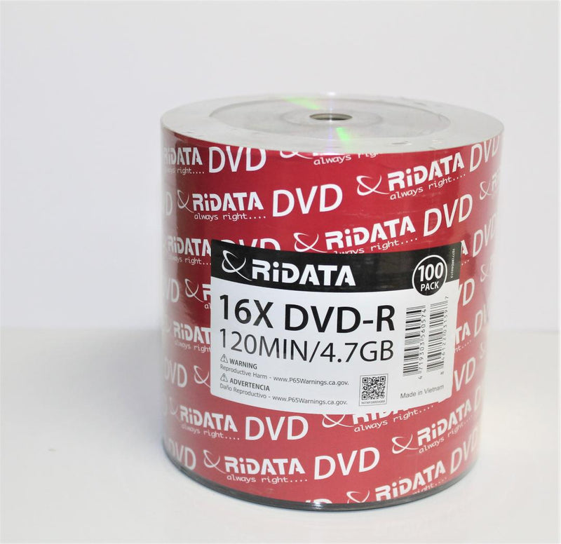 Ridata DVD-R 16X 4.7GB 120 Min Silver Logo Top Blank Data Video Media Recordable Disc 100Pack